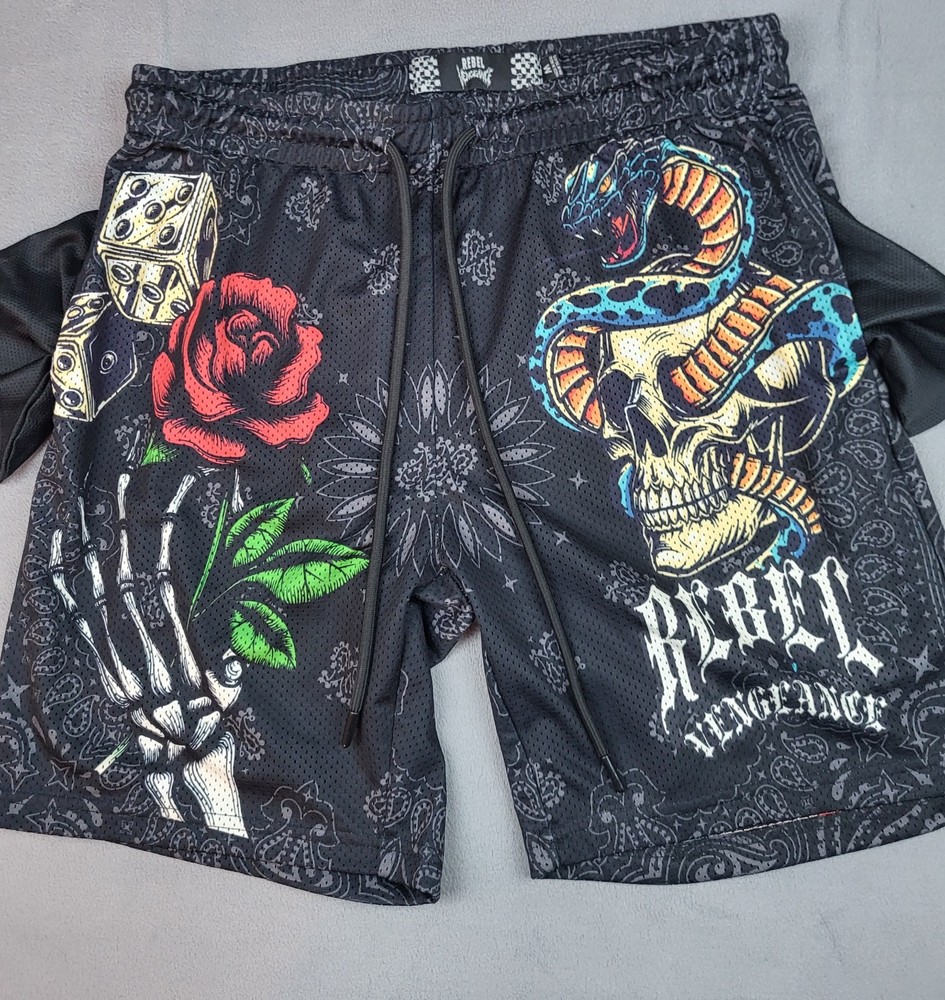 Rebel Vengeance Shorts Mens Medium Black Scorpion Rose Drawstring Lightweight