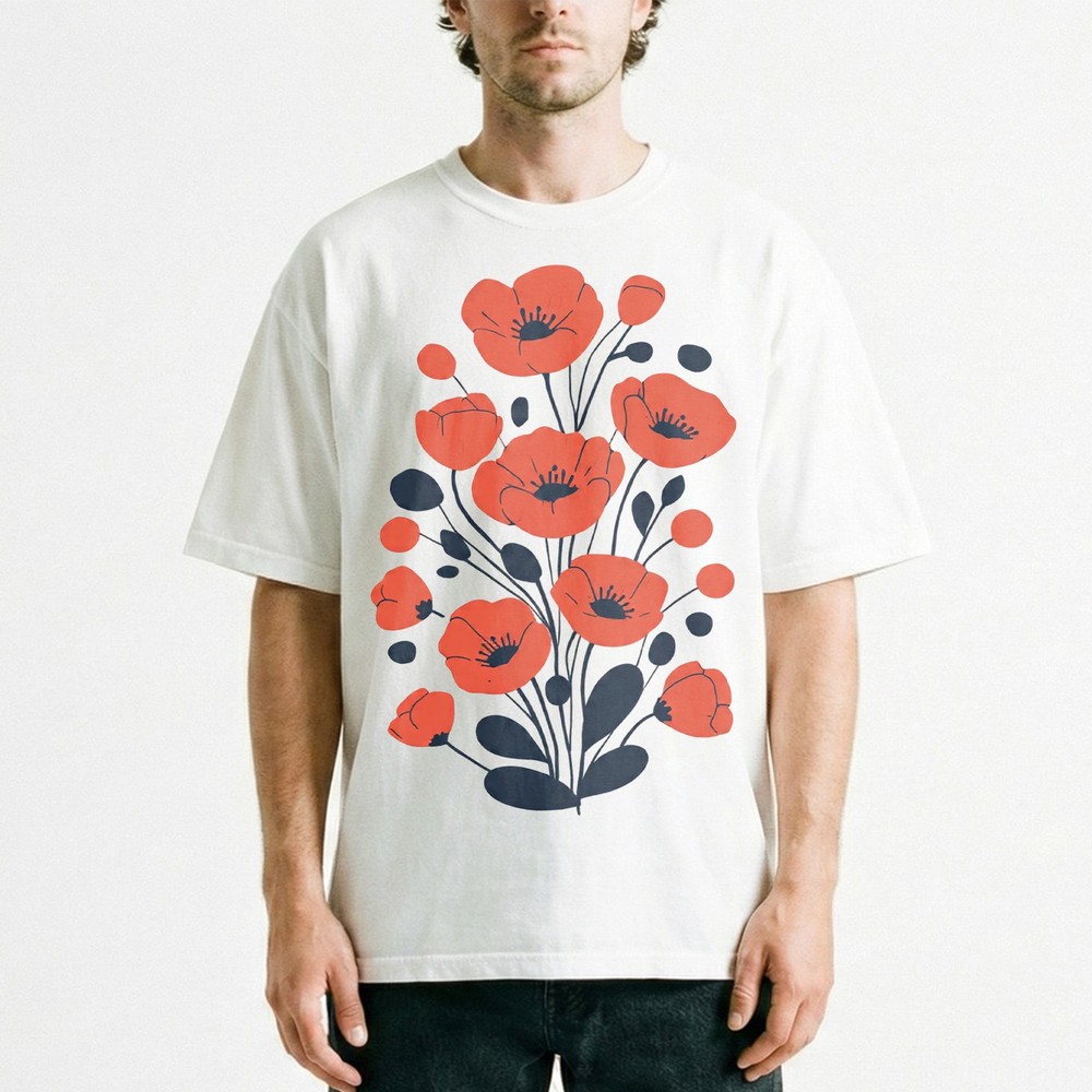 Red Poppy Bunch Bold Retro Floral Dark Background Unisex T-Shirt Wildflower Tee