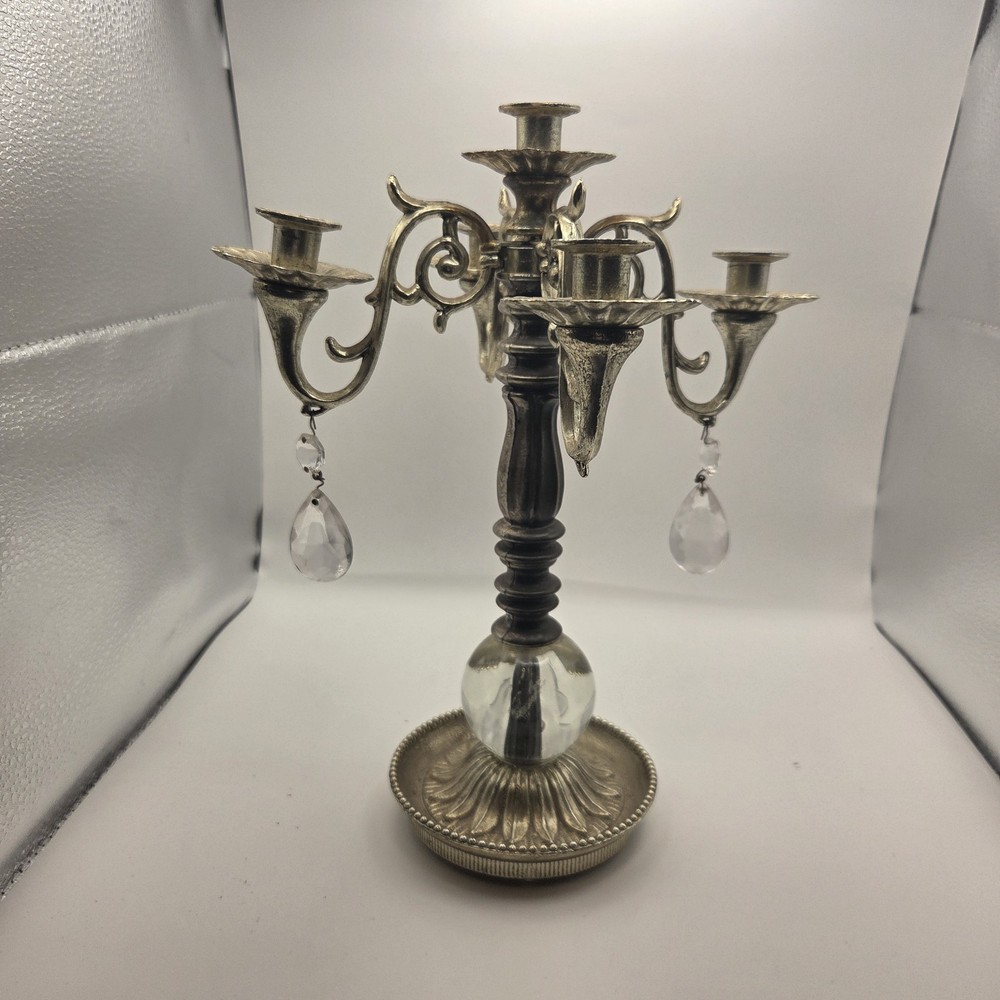 Vintage 5-Arm Ornate Brass Candelabra w/ Glass Ball Stem & Faceted Prisms