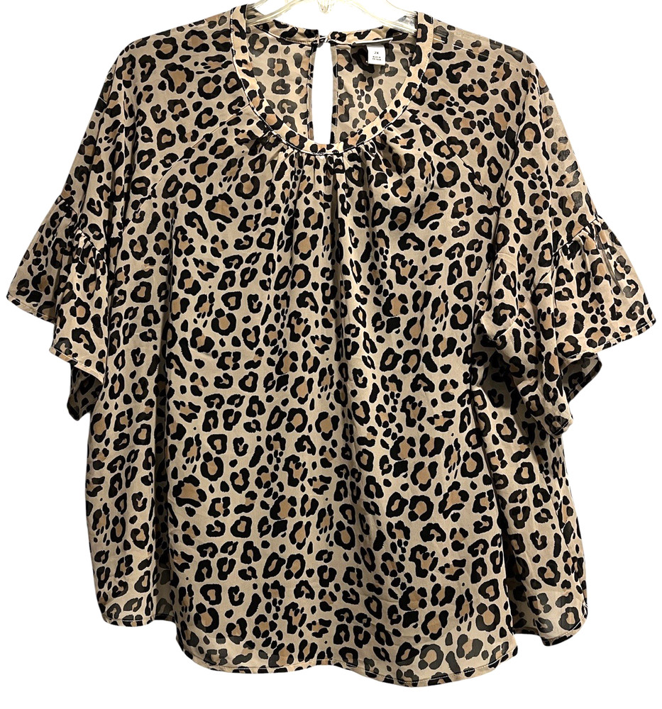 Ava & Viv Top Size 2X Sheer Animal Print over Black Cami Ruffled Sleeves Career