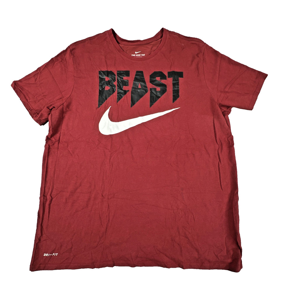Nike Men's XXL Beast Graphic T-Shirt Maroon Red Dri-FIT Short Sleeve Tee Swoosh
