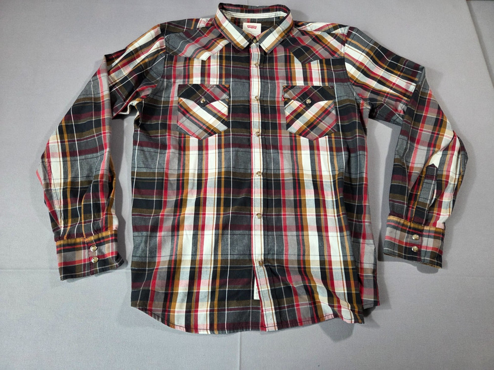Levis Western Pearl Snap Shirt Mens L Plaid Long Sleeve Button Up