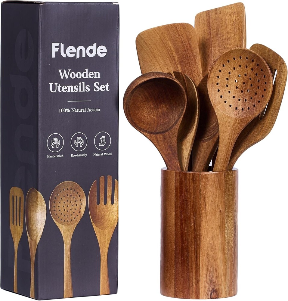 Beautifully Handcrafted Acacia Wooden Cooking Utensils Set of 7 - Eco-Friendly