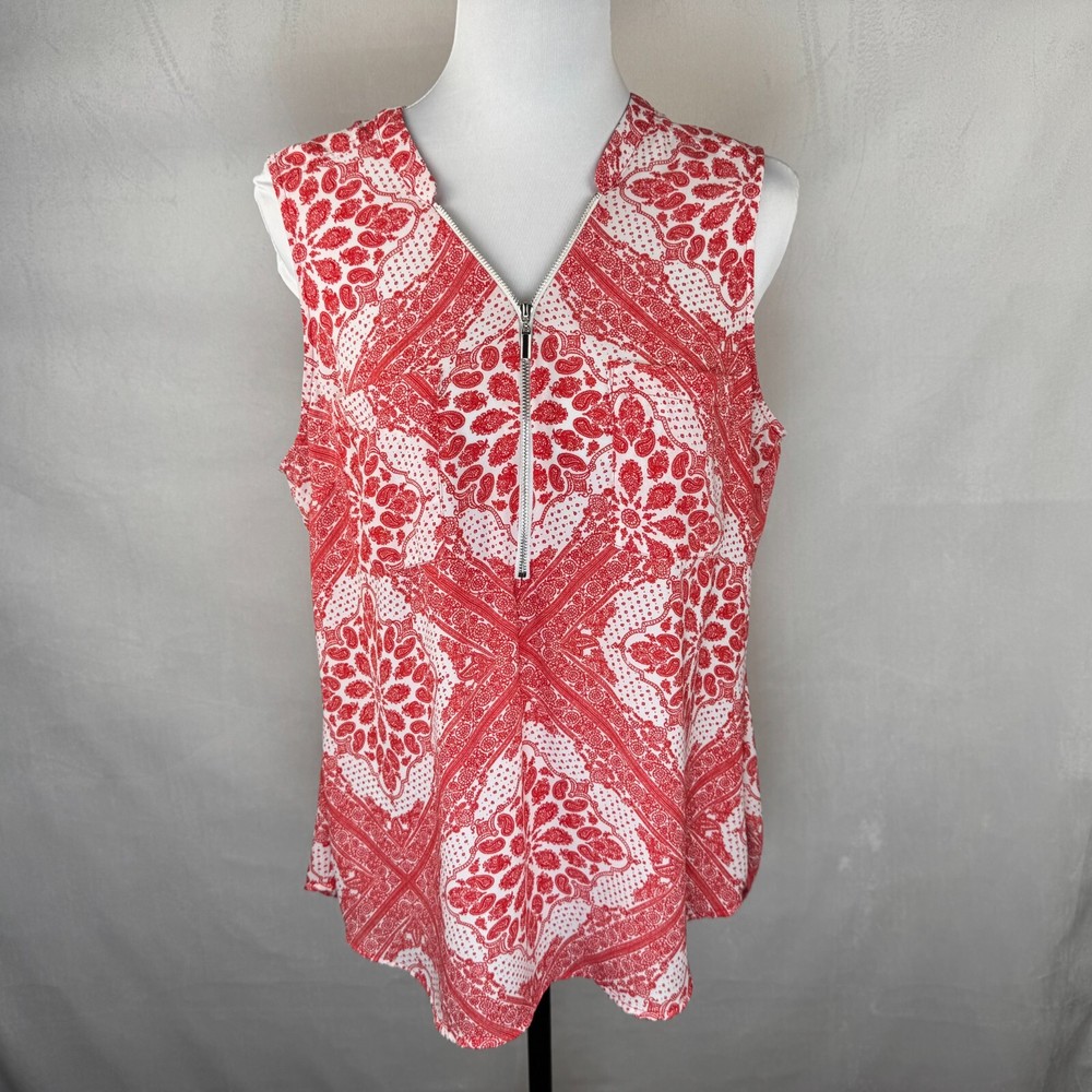 Soho NYC Womens Red Paisley Sheer Tank Top with Pockets and Front Zipper Sz L