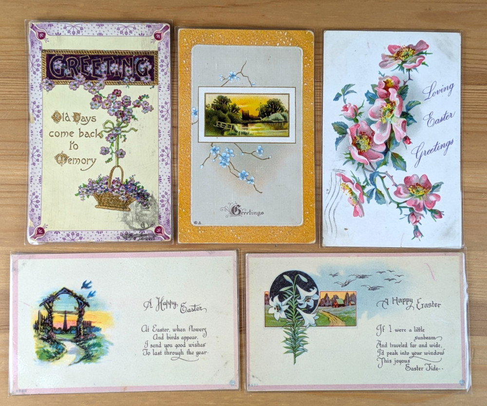 Lot of 5 Antique Embossed Laminated Illustrated Greetings/Easter Postcards