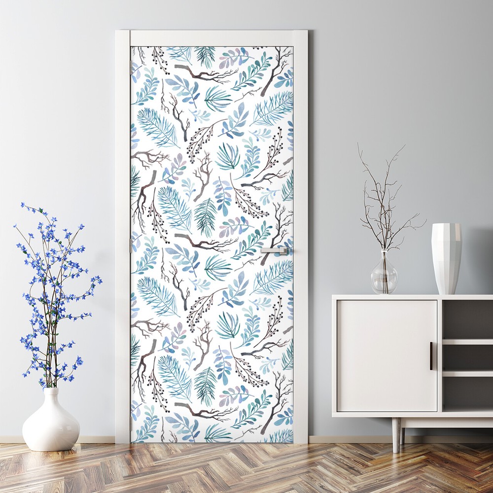 Winter Watercolor Branches Bubble-Free Door Sticker in White & Blue