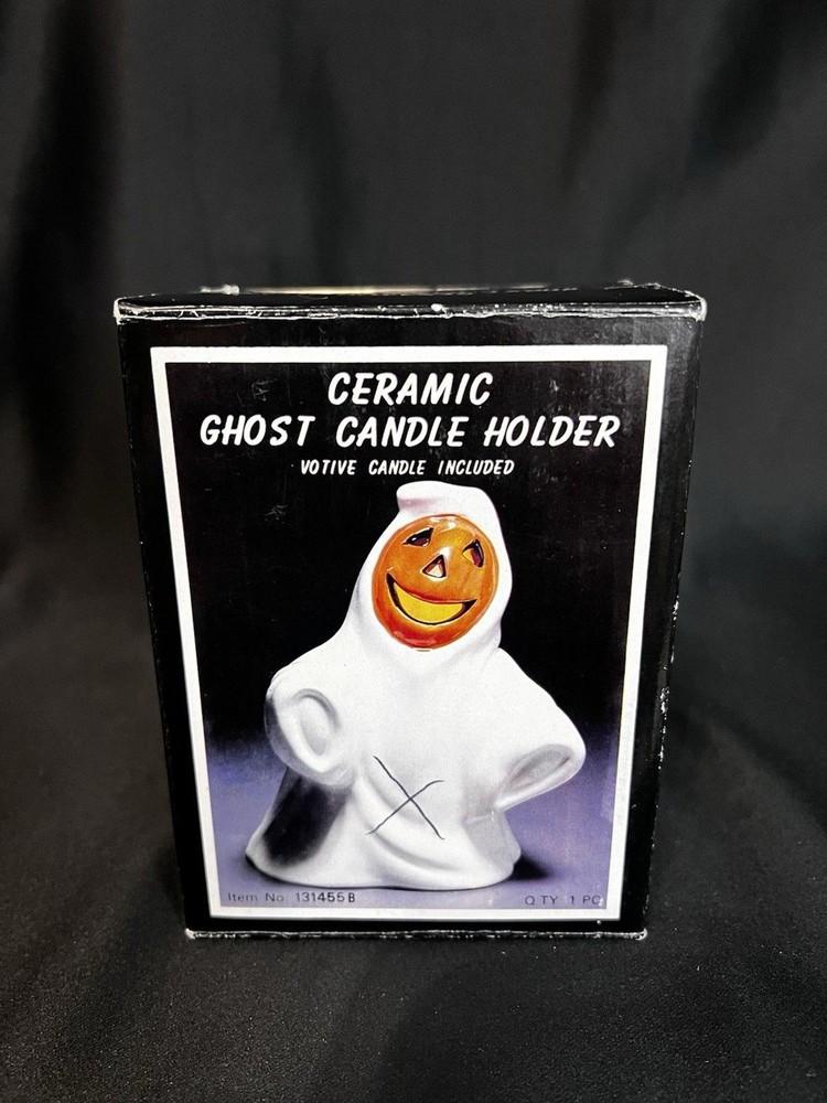 NIB Vintage Ceramic Ghost Candle Holder Halloween Pumpkin Cute Spooky Votive