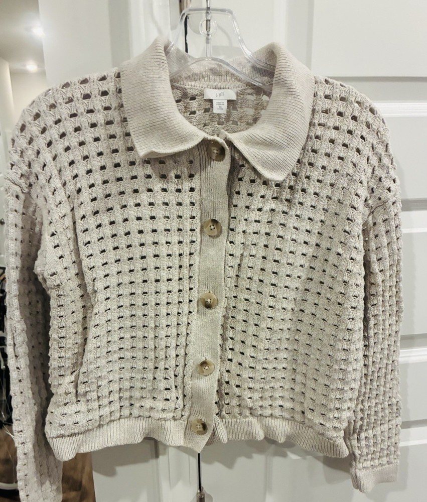 J. Jill Women's Petite XS Beige Open-Knit Collared Button Cardigan Sweater