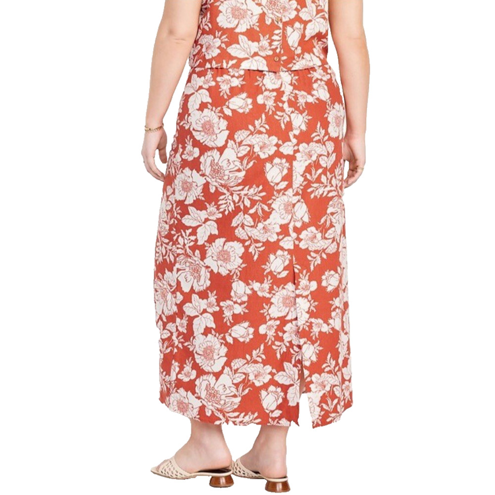 Old Navy Women Red Rust Linen Blend Tropical Floral Midi Skirt XL High Waist