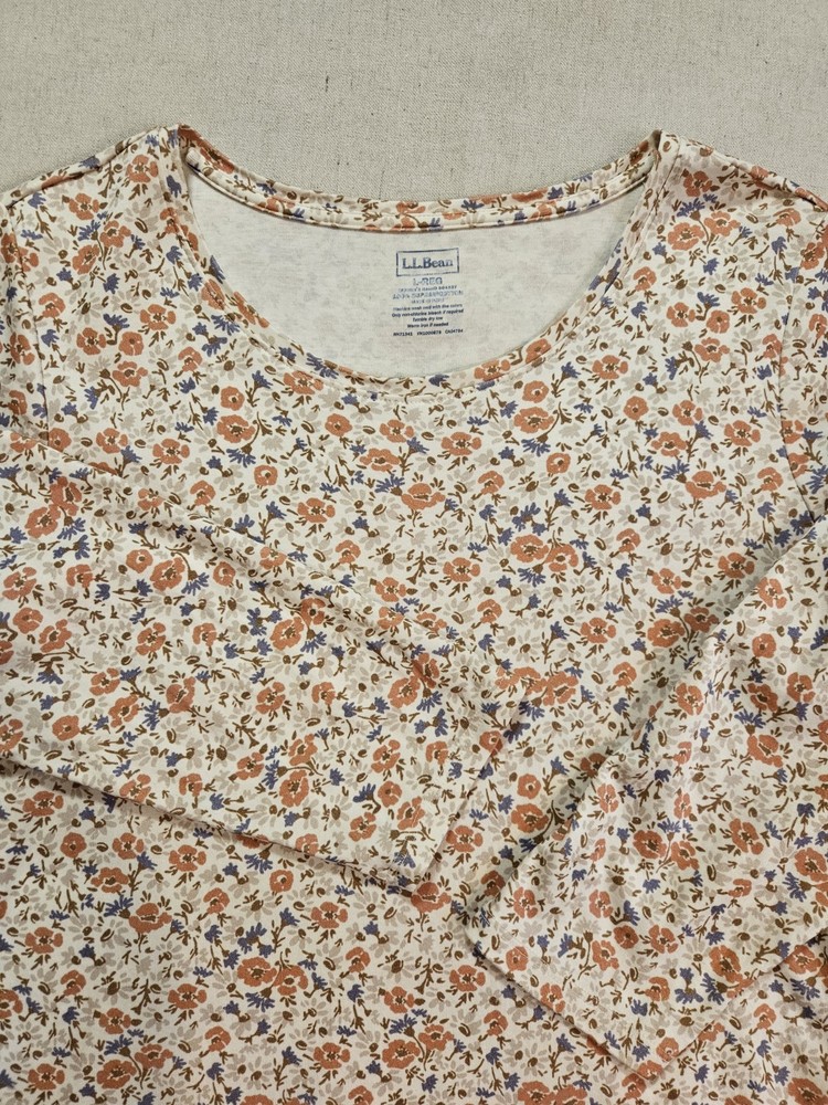 LL Bean Women's L-Reg 3/4 Sleeve 100% Supima Cotton Floral Crew Neckline Top