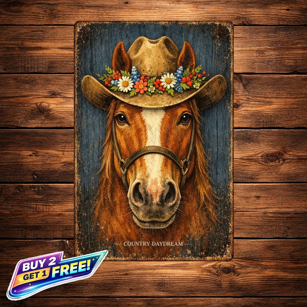 Horse with Flower Hat Metal Wall Art 8x12 Pink Brown Cowgirl Western Decor