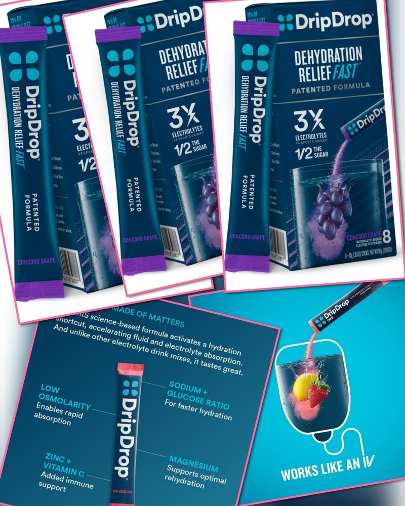 3 Pack DripDrop Keto Carnivore Electrolyte Drink Mix Concord Grape 24 Count