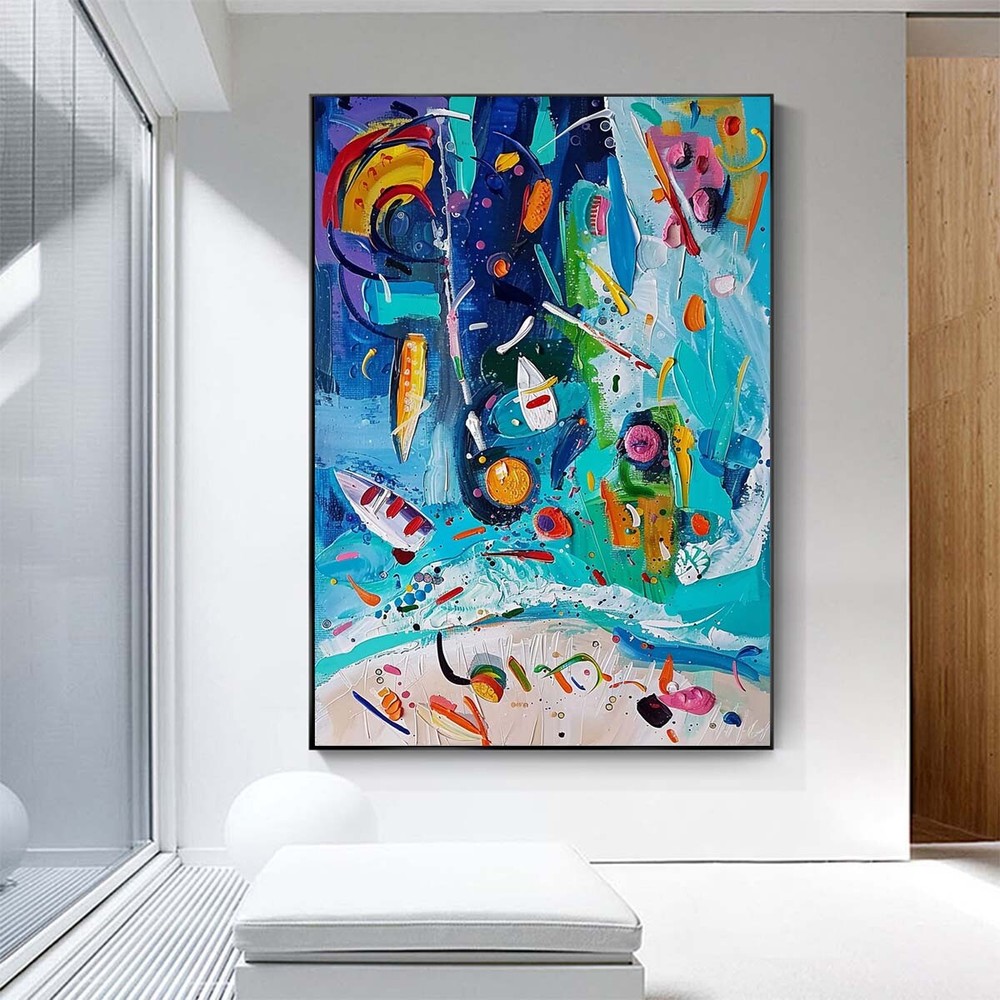 Handpainted abstract oil painting on canvas Blue beach Livline Room Home Decor