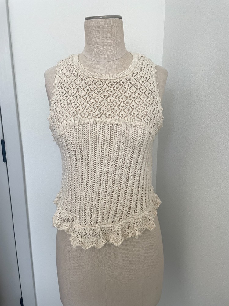 Zara Knit Top Women M Beige Crochet Sheer Sleeveless Vest Boho Cottagecore