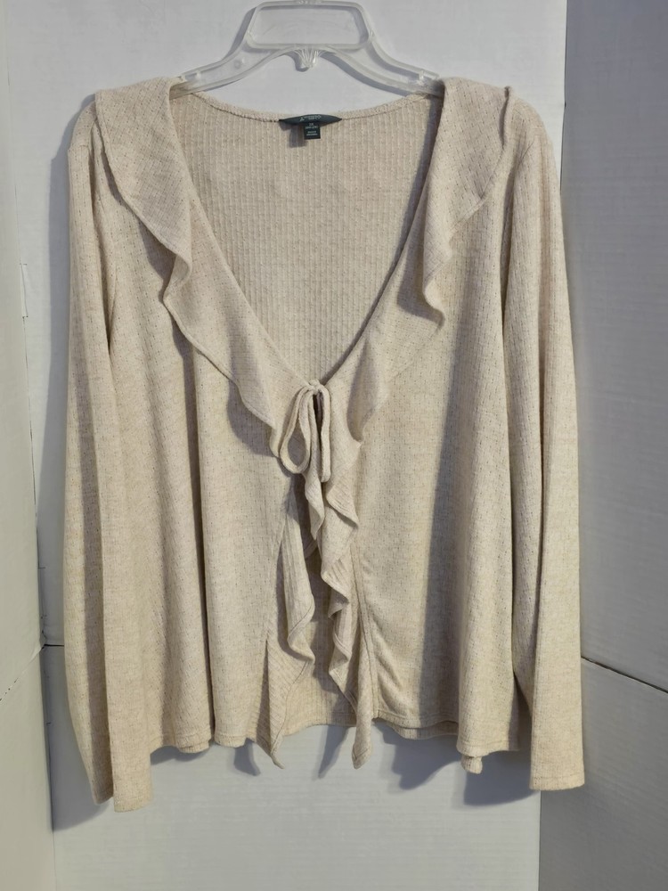 Terra & Sky Womens Plus Size 2X Beige Ruffle Blouse, Tie In Front, Long Sleeve