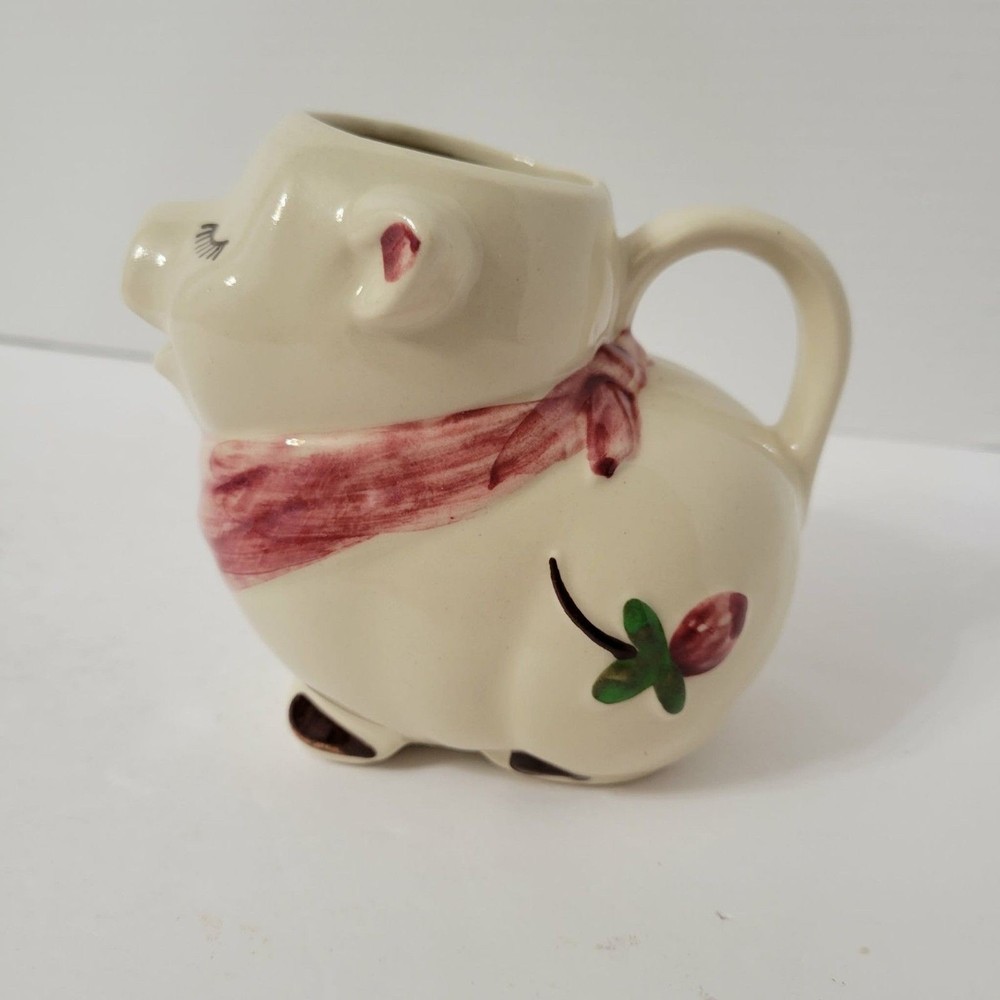 Vintage Shawnee Pottery Smiley Pig Creamer Pitcher Red Scarf Apple Blossom 4