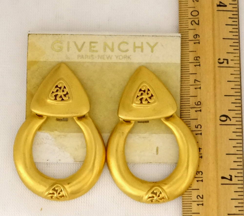 Stunning GIVENCHY PARIS NY Matte Gold  Tone  Door Knoker Vintage ClipOn Earrings