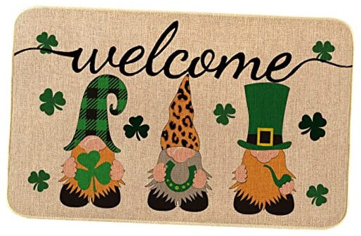 Lucky St Patrick's Day Gnome Welcome Door Mat with Shamrock Design