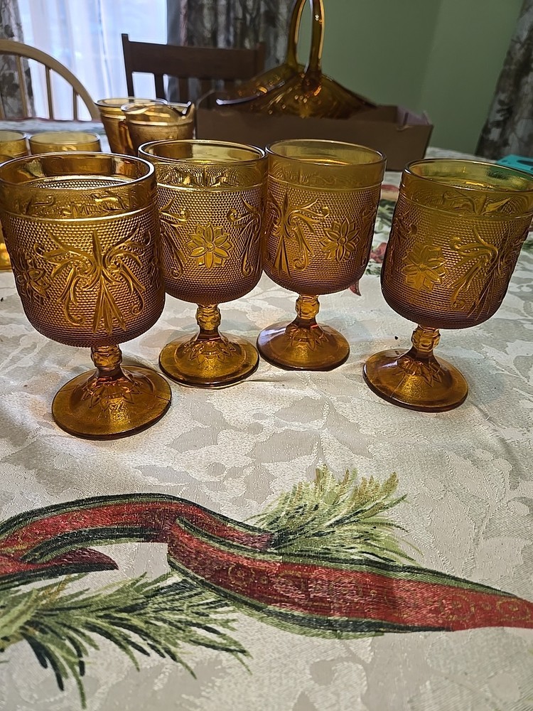 Set Of 4 Indiana Glass Tiara Amber Sandwich Glass Footed Stem Wine Goblet 5 1/2”