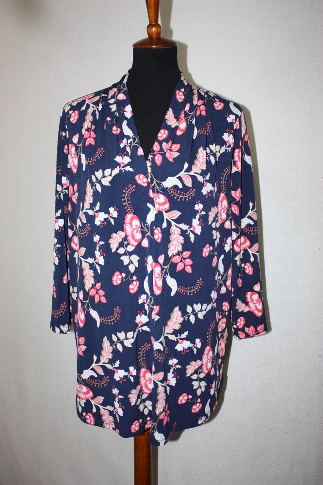 Charter Club Size 2X Blue Pink Floral 3/4 Sleeve Pullover Tunic Stretch Blouse