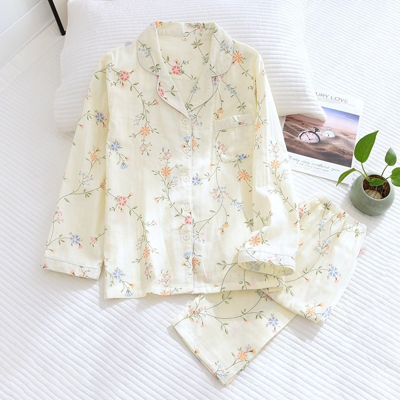 Women’s Floral Cotton Gauze Pajama Set – Lightweight Sleepwear