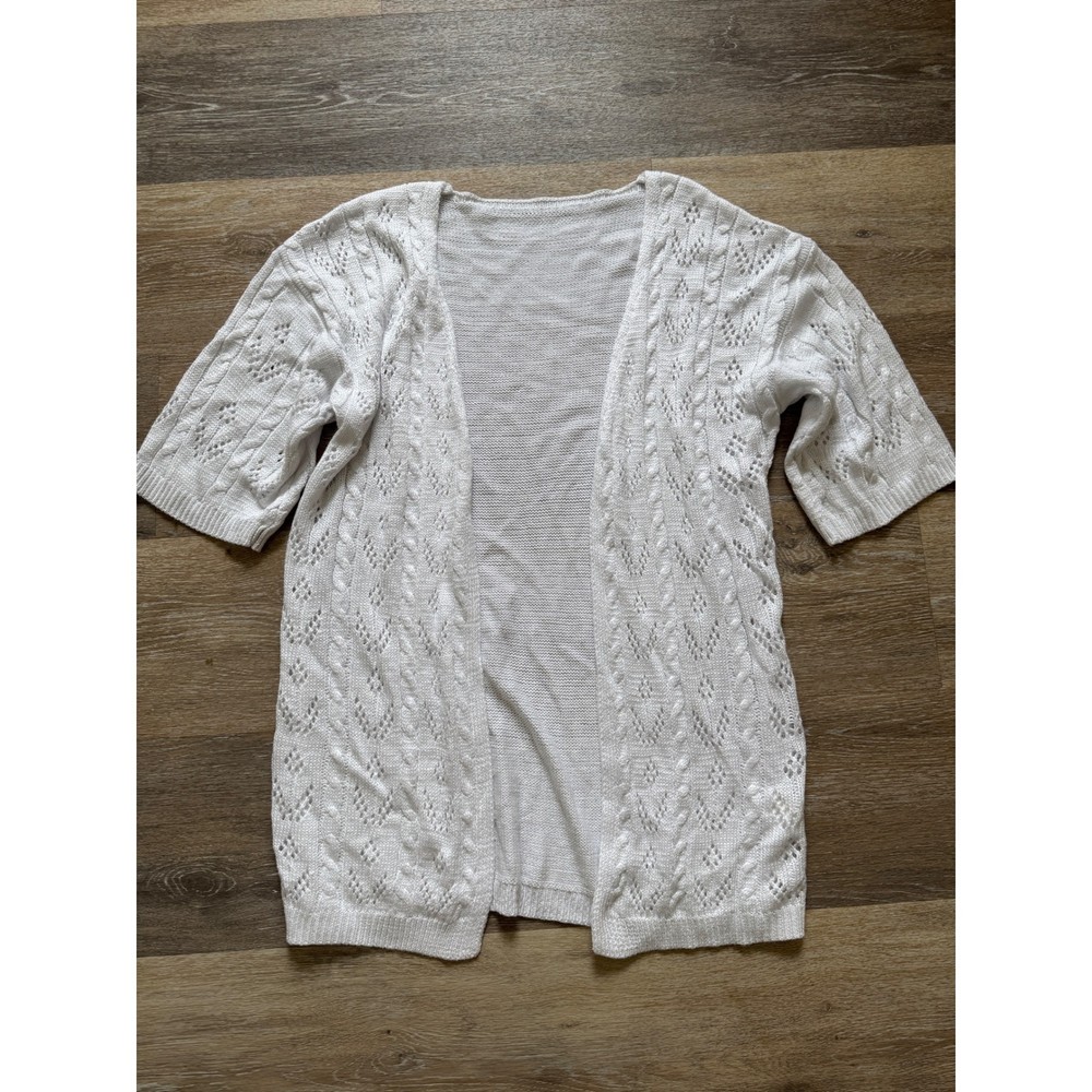White Short Sleeve Open Front Pointelle Cable Knit Cardigan Sweater Small
