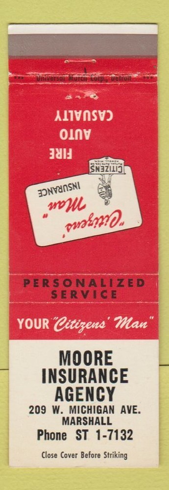 Matchbook Cover - Moore Insurance Agency Marshall MI