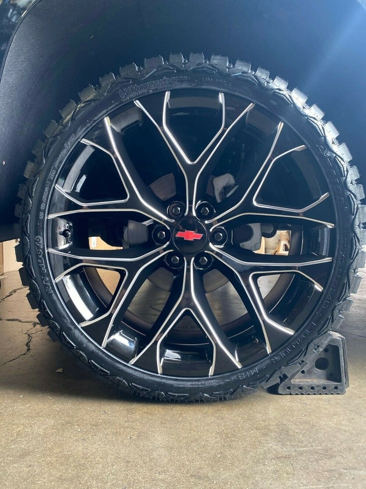 24'' Snowflake Black Milled Wheels 33'' RT Tires Yukon Sierra Silverado Rim New