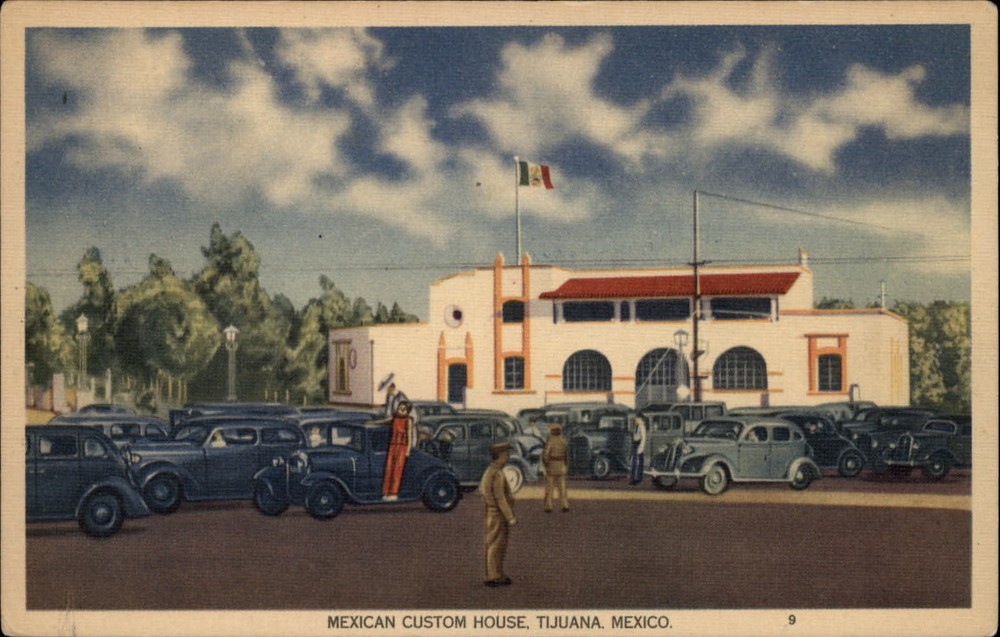 Mexican Custom House ~ Tijuana Mexico  ~ 1940s linen postcard