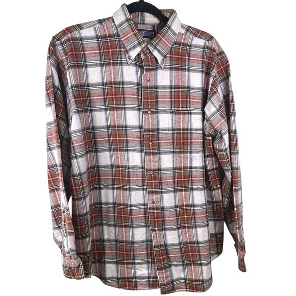 Lands End Mens Classic Red Plaid Flannel Button Down Shirt L Long Sleeve Cotton