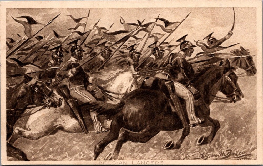 WWI Belgian Lancers Cavalry Charge Raphael Tuck Photogravure Postcard 1914