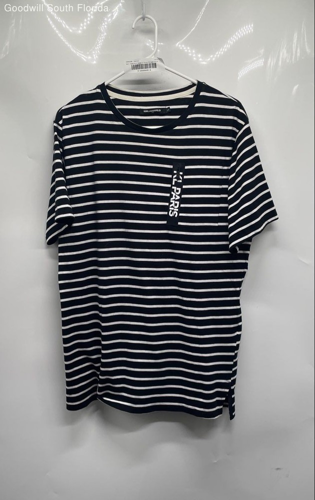 Karl Lagerfeld Womens Black White Striped Cotton Short Sleeve T-Shirt Size L