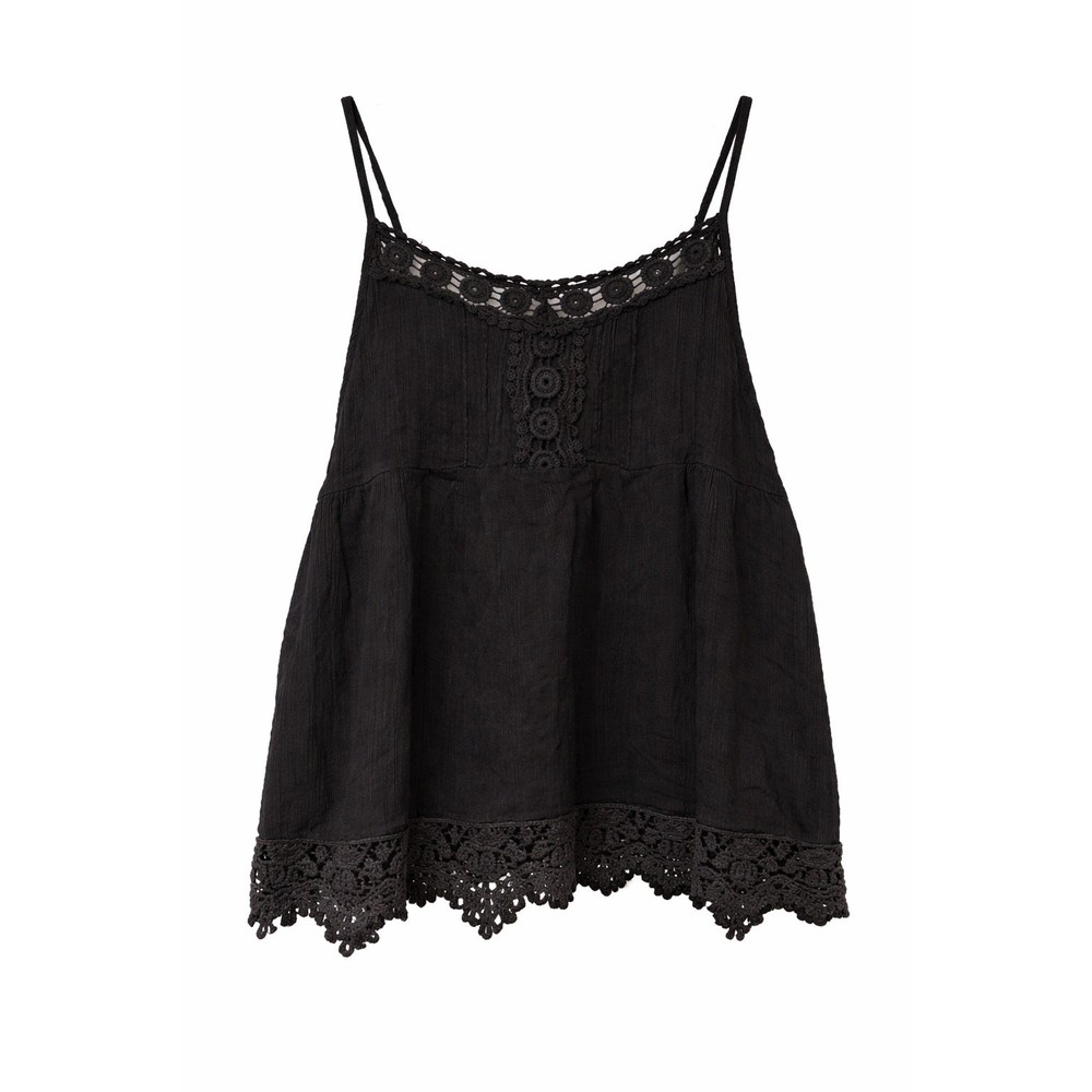 Womens Black Boho Lace Cami Top S S Spaghetti Strap Flowy Babydoll Cottagecore