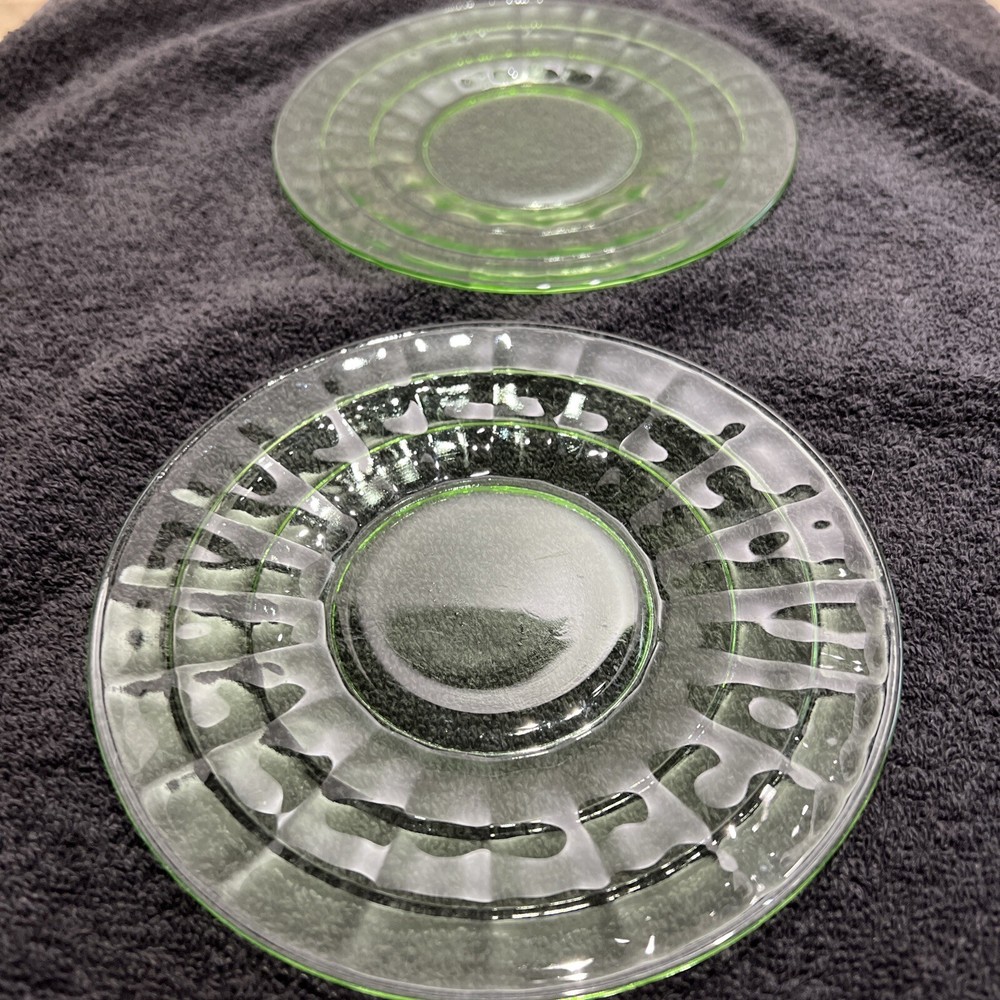 2- Anchor Hocking Block Optic Green Uranium Glass Bread Plate  6.25