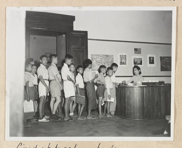 Rangoon Burma 1948 USIS Library Burmese Boys Return Books to Librarian