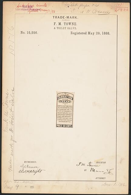 Photo:F M Towne Carnation Cream Toilet Salve Trademark 1888