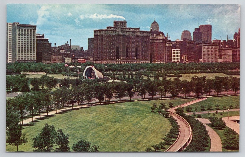 Chicago Grant Park Band Shell Vintage Plastichrome Postcard 1950s Skyline
