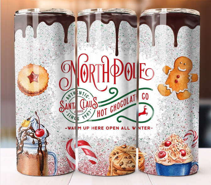 North Pole Hot Chocolate Tumbler Mug 20oz Stainless Steel with Straw