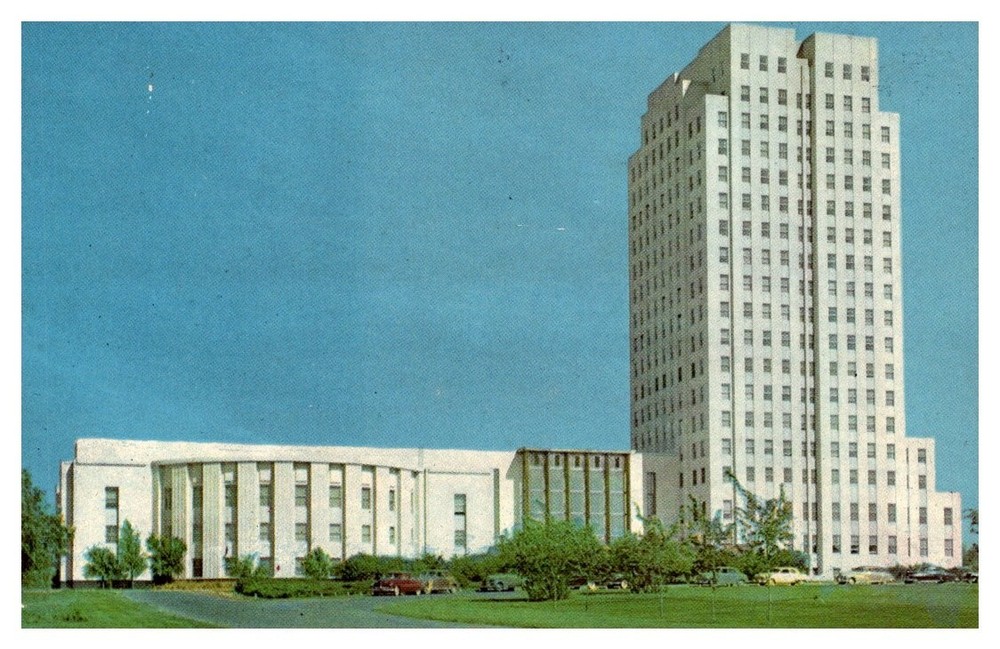 1950s Cars Parked State Capitol Building Bismarck North Dakota Vintage Postcard
