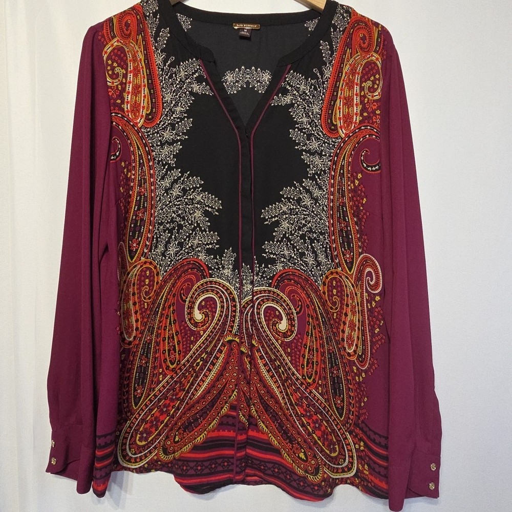Dana Buchman Womens Size 14 Boho Paisley Blouse Burgundy Large L Long Sleeve Top