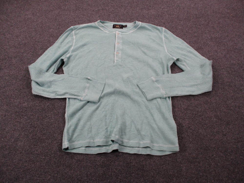 RRL Ralph Lauren Shirt Mens XL Blue Double RL Waffle Knit Henley Thermal Teal