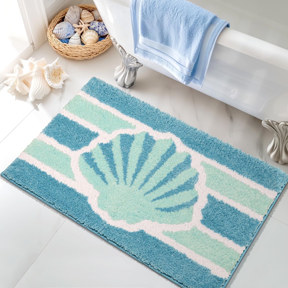 Blue Beach Bathroom Rugs Non Slip Washable Small Cute Coastal Bath Mats Rugs ...