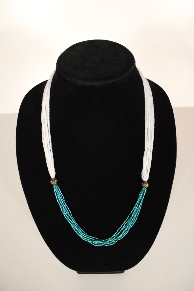Beaded Necklace Dark Blue Green White 26