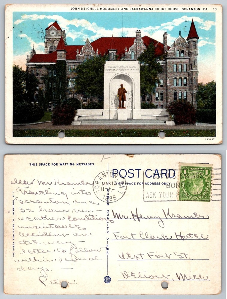 1936 Scranton PA John Mitchell Monument Lackawanna Court House Postcard Ruben