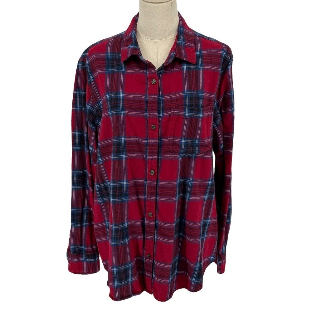 Old Navy 100% Cotton Red Blue Plaid Classic Fit Flannel Long Sleeve Shirt XL