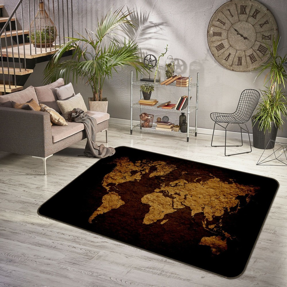3D Vintage Yellow Bedroom Rug with World Map Design Non-Slip Carpet Mat