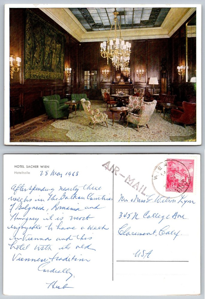 1968 Hotel Sacher Wien Vienna Austria Hotelhalle Lobby Postcard Posted Air Mail