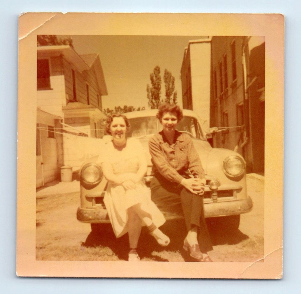 Old Vintage Square Color Photo PAIR DUO WOMEN SITTING ON BUMPER CLASSIC CAR