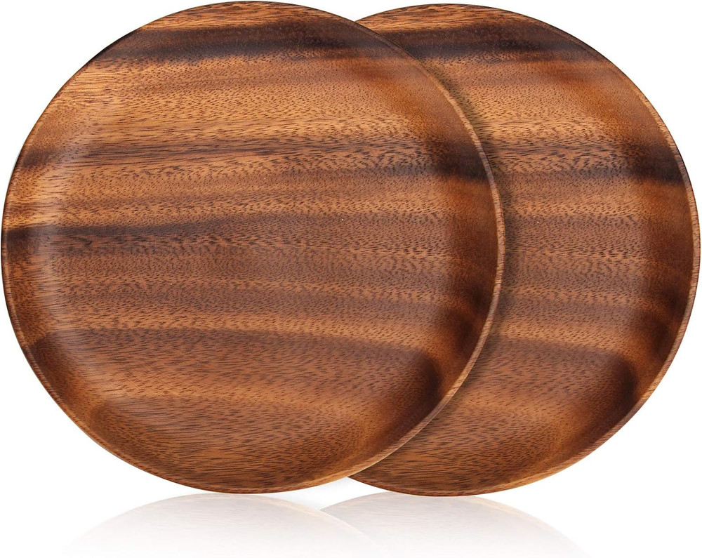 2 Pcs 10 Inch Acacia Wood Dinner Plates Set for Eating Wooden round Charcuterie