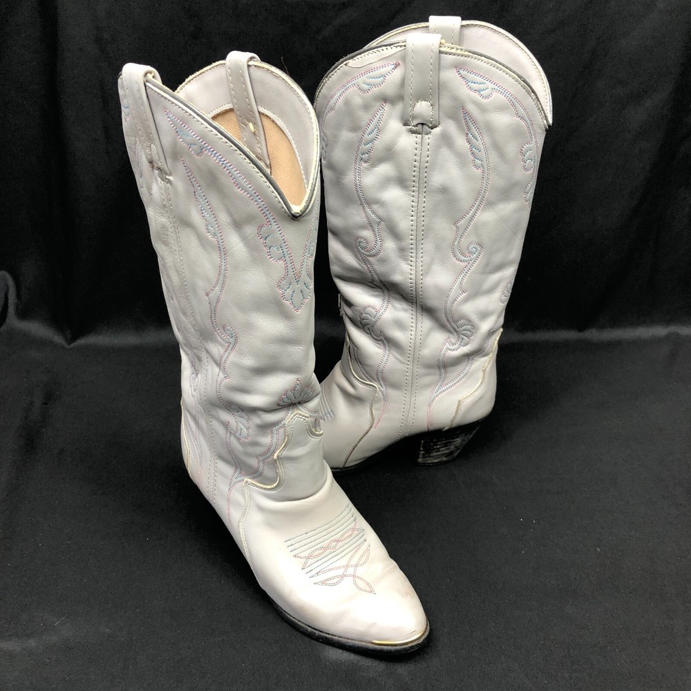 VTG 80's Acme Gray Heeled Cowboy Cowgirl Boots Size 6.5 M Womens Pink Blue Inlay